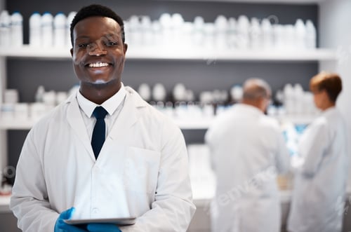 Preview: Portrait, science and black man, lab and tablet for research, connection and success with experimen