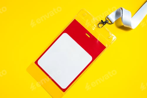 Preview: Event badge mockup with blank space for personal data, hanging