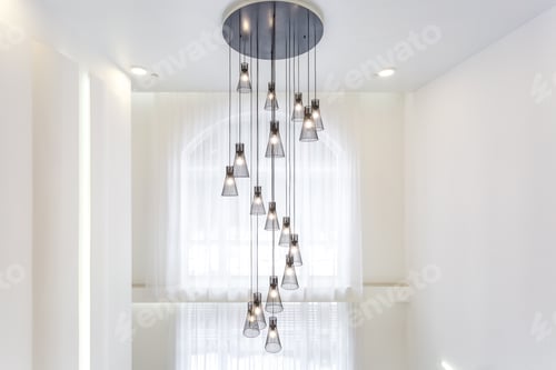 Preview: huge chandelier for bright interior loft in front of a large panoramic window