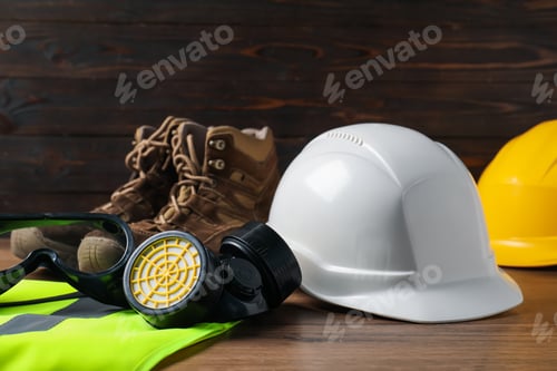 Preview: Hardhat, protective mask, respirator, reflective vest and boots on wooden table. Safety equipment