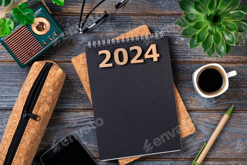 Preview: New year resolutions 2024 on desk. 2024 goals list with notebook, coffee cup, plant on wooden table