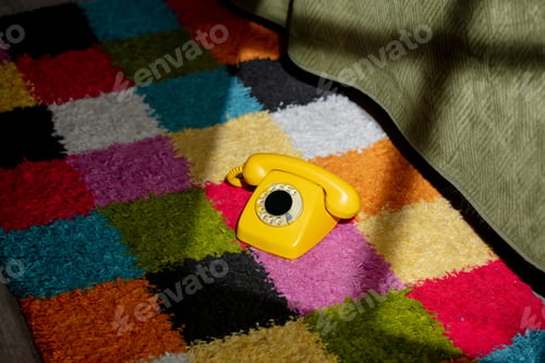 Preview: old vintage yellow phone on the carpet in the bedroom next to the bed