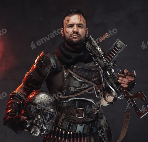 Preview: Confident stalker holding rifle and helmet in dark background