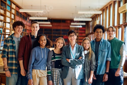 Preview: Happy high school teacher and her students in a library looking at camera.