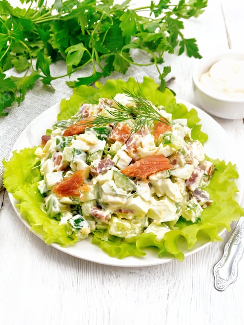 Preview: Fresh Salad with Salmon on a White Table