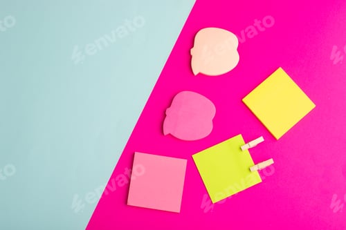 Preview: top view different stickers on colored background school drawing notepad color