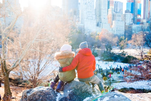 Preview: Happy couple enjoy the view of famous ice-rink in Central Park in New York City