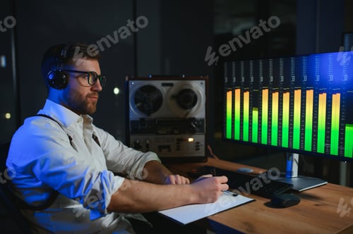 Preview: Secret agent listens on the reel tape recorder. Officer wiretapping in headphones