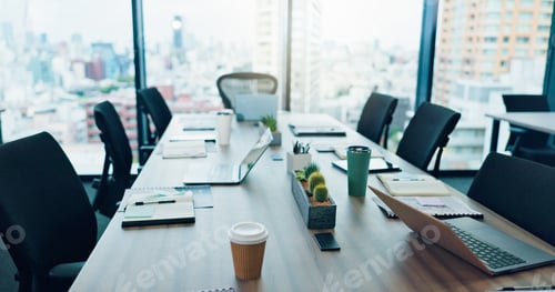 Preview: Boardroom, corporate and meeting with empty room in office for seminar, conference and workshop. Wi