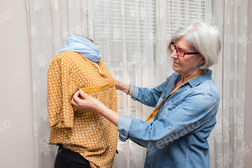 Preview: elderly woman measuring with a tape measure the torso of a mannequin dressed in an orange blouse