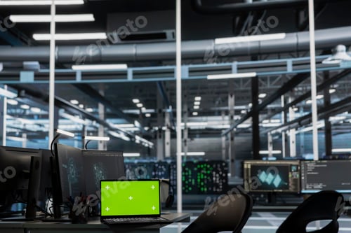 Preview: Green screen laptop and AI research workstation used for neural network training