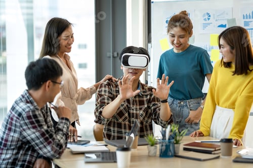 Preview: Man wearing VR glasses virtual Global Internet connection metaverse with a new experience in metaver