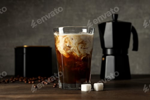 Preview: Glass with iced coffee drink, coffee maker, coffee bean and sugar on gray background