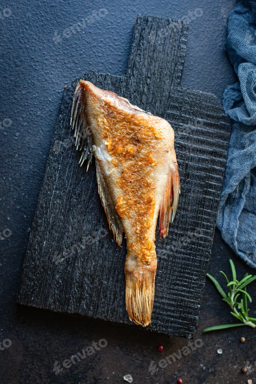 Preview: Fish Fried Fresh Barbecue Grill Bbq Meal On The Table Tasty Serving Size Top View Copy Space For
