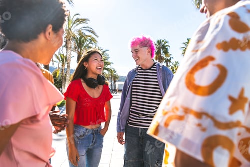Preview: Multiethnic group of young happy friends hanging out