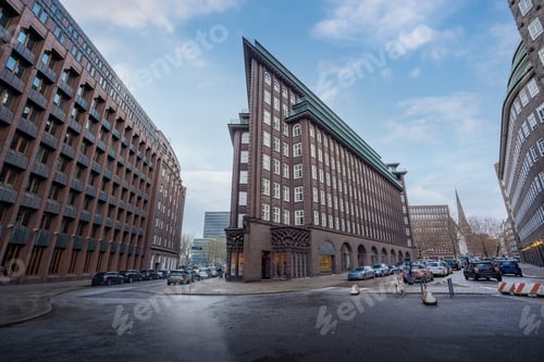 Preview: Street in downtown Hamburg and Chilehaus building - Hamburg, Germany