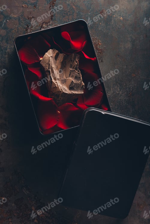 Preview: top view of box with red rose petals and gourmet piece of chocolate