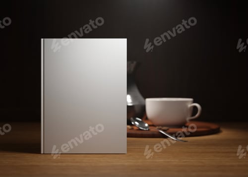 Preview: White book cover mock up and coffee cup on the table at home. Blank template for your design