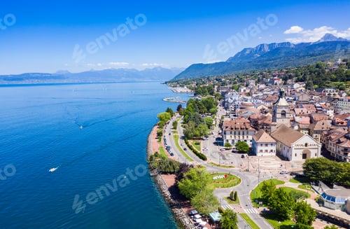 Preview: Aerial view of Evian (Evian-Les-Bains) city in Haute-Savoie in France