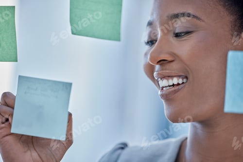 Preview: Planning, brainstorming and black woman writing a schedule on a sticky note, agenda or a work goal.