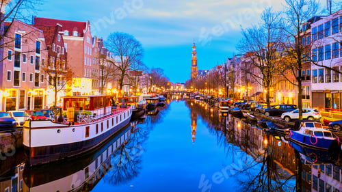Preview: Amsterdam canals with Christmas lights during December, canal historical center Amsterdam at night