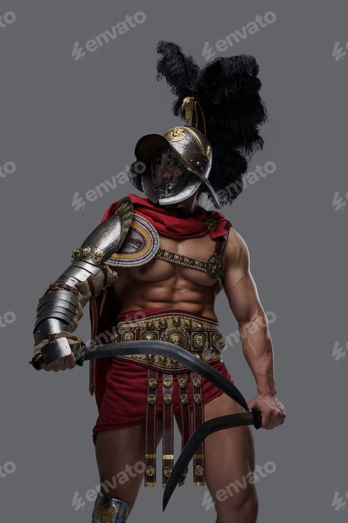 Preview: Handsome greek gladiator with dual swords and plumed helmet