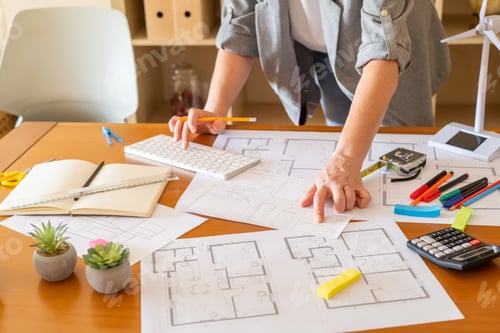 Preview: Architect working on sustainable building project, reviewing blueprints with renewable eco solutions