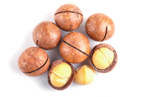 Preview: Pile of macadamia nuts with shell isolated on white background.