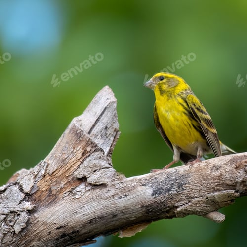 Preview: Closeup of an Atlantic canary (Serinus canaria) perched on a branch of a tree