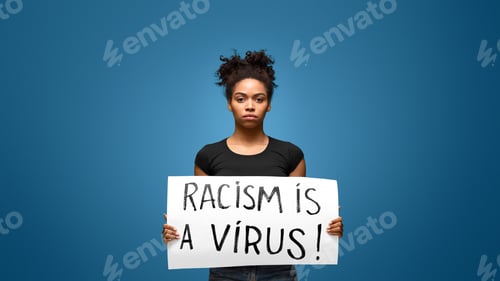 Preview: Black girl holding banner for protest, Racism is a Virus