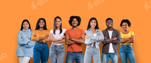 Preview: Seven diverse young adults with confident poses and warm smiles stand in a row