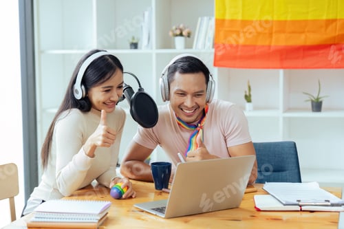 Preview: Podcaster is interviewing a guest about the content topic of LGBTQIA. Podcast concept