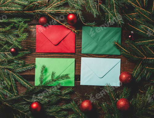 Preview: Four envelopes next to Christmas decoration on a table