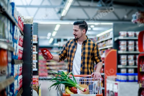 Preview: Young handsome man in a supermarket grocery shopping