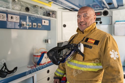 Preview: Smiling fireman wearing protective gear inside ambulance
