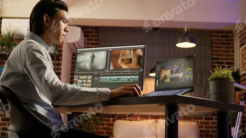 Preview: Asian videographer designing video montage on editing software