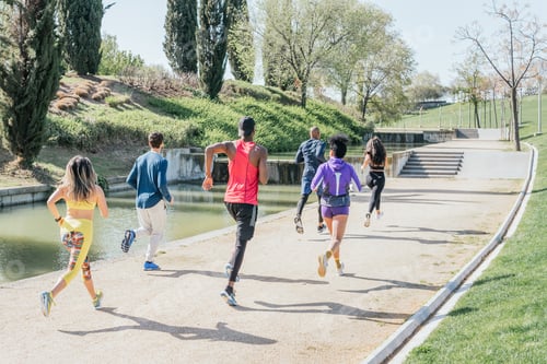 Preview: Group of runners training in a park. Rear view, back to camera. Happy and smiling.