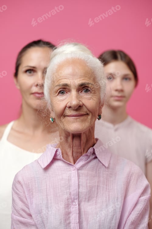 Preview: Portrait of Senior Caucasian Woman Standing with Middle Aged and Teenager Women