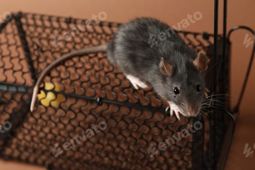 Preview: Rat and metal mouse trap on brown background, closeup