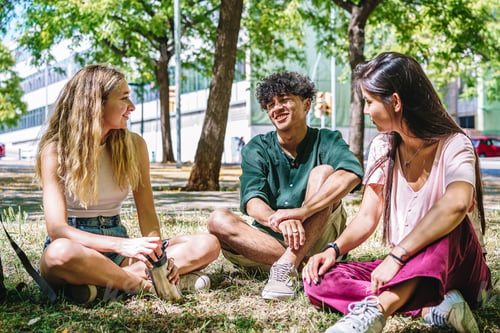 Preview: Content diverse students chatting on lawn in campus after studies