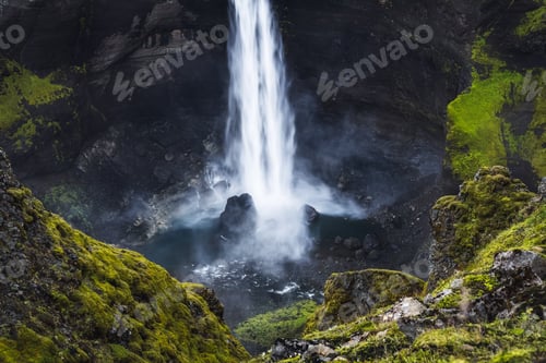 Preview: Dramatic close up of Haifoss Waterfall in Landmannalaugar canyon, Iceland