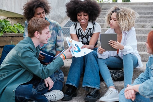 Preview: Group of students sitting outdoors sharing graphs about the studies. Concept: lifestyle