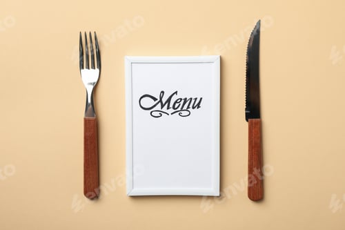 Preview: Frame with text Menu and cutlery on beige background