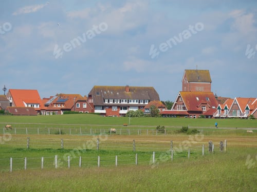 Preview: Lush green rural landscape with houses and buildings in the distance on Baltrum island, Germany