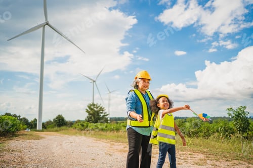 Preview: woman and child are standing on road near a wind farm