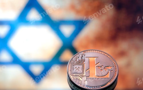 Preview: Coins litecoin, against the background of the Israeli flag.