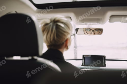 Preview: Businesswoman sitting inside a car