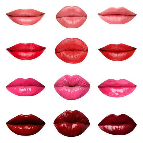Preview: Female lips with lipsticks of different shades on white background, collage