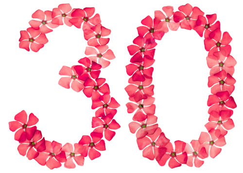 Vista previa: Numeral 30, thirty, from natural red flowers of periwinkle, isolated on white background