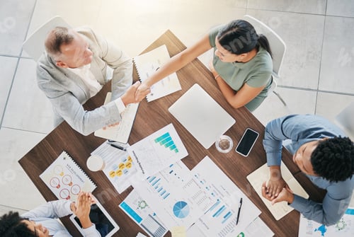 Preview: Business people, handshake and meeting with finance report documents for a b2b proposal with an acc